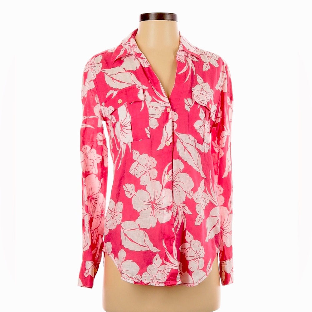 Tommy Bahama Pink Floral Linen Button Up Long Sleeve Shirt